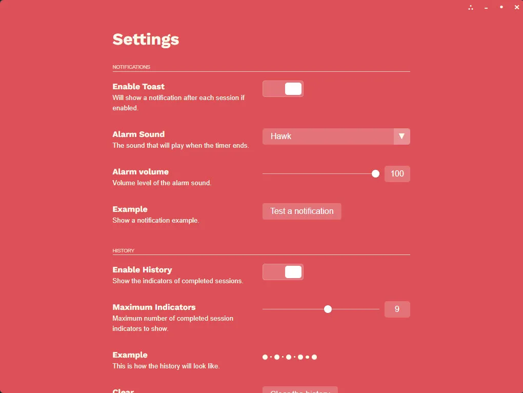You can customize notifications, colors, background and timers.